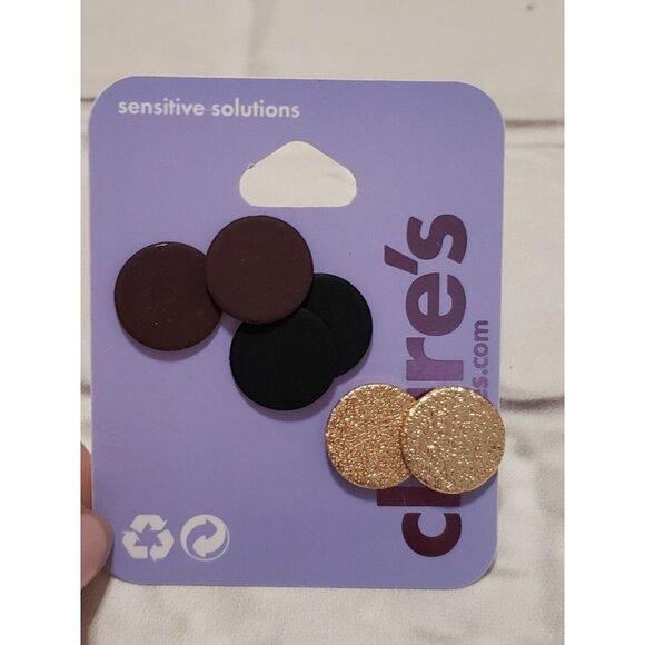Nwt Claire's Set Of 3 Button Style Post Back Earrings Brown- Black - Gold - Picture 1 of 2